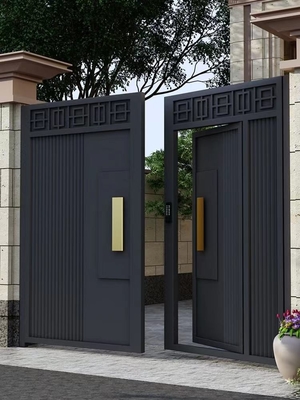বাইরের সাজসজ্জা কালো প্রবেশদ্বার দ্বৈত স্টেইনলেস স্টীল দরজা বাঁধা লোহা নকশা প্রধান গেট