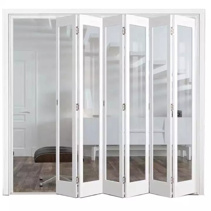 বাহ্যিক কাস্টমাইজড প্লাস্টিক ফোল্ডিং ডোর UPVC ফ্রেম গ্লাস অ্যাকর্ডিয়ন ডিজাইন বাইফোল্ড